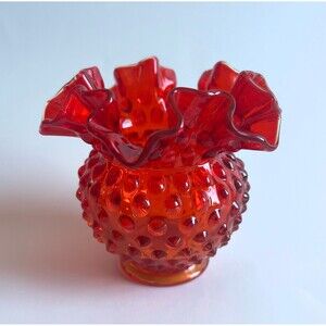 Fenton Amberina Hobnail Ruffled Ball Vase Crimped Edge Glows Red | Orange 1960s